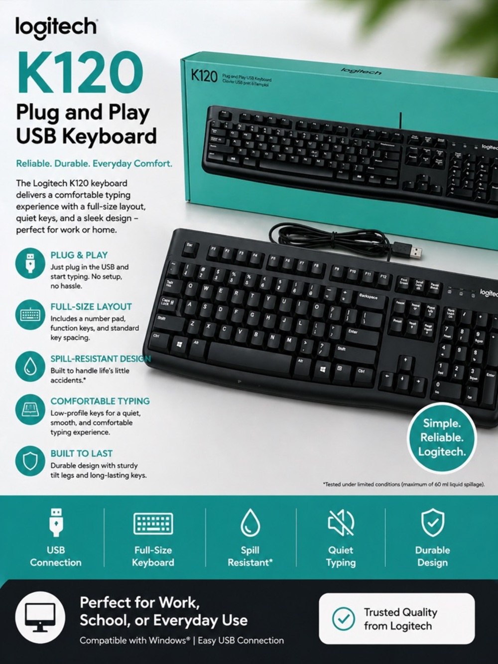 Logitech K120 Black USB Wired Keyboard- NWT